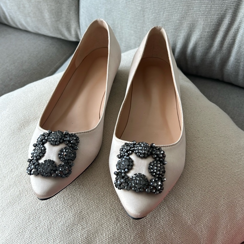 Manolo Blahnik style Champagne Satin Jewel Buckle Flat